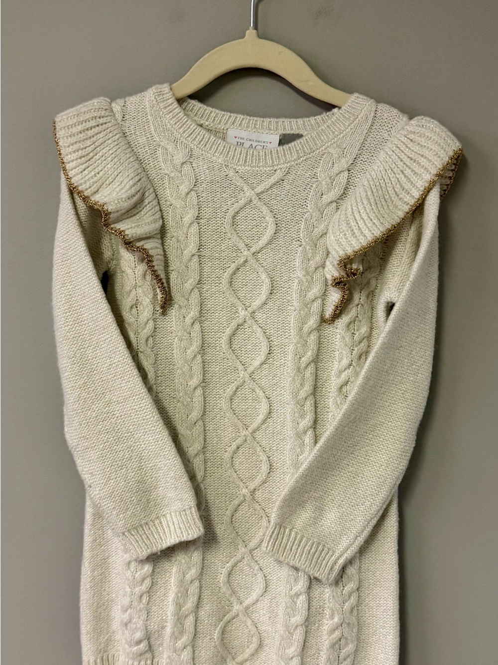 The Children's Place Cream Cable Knit Ruffle Shoulder Sweater